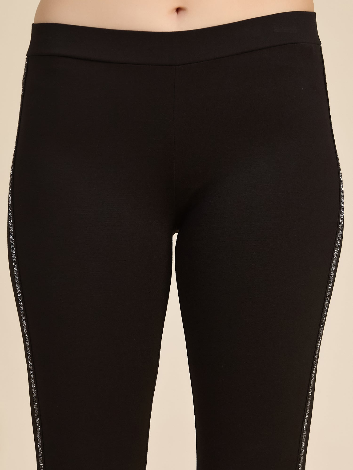 Black Women's High-Rise Glitter Side Stripe Ponte Roma Leggings