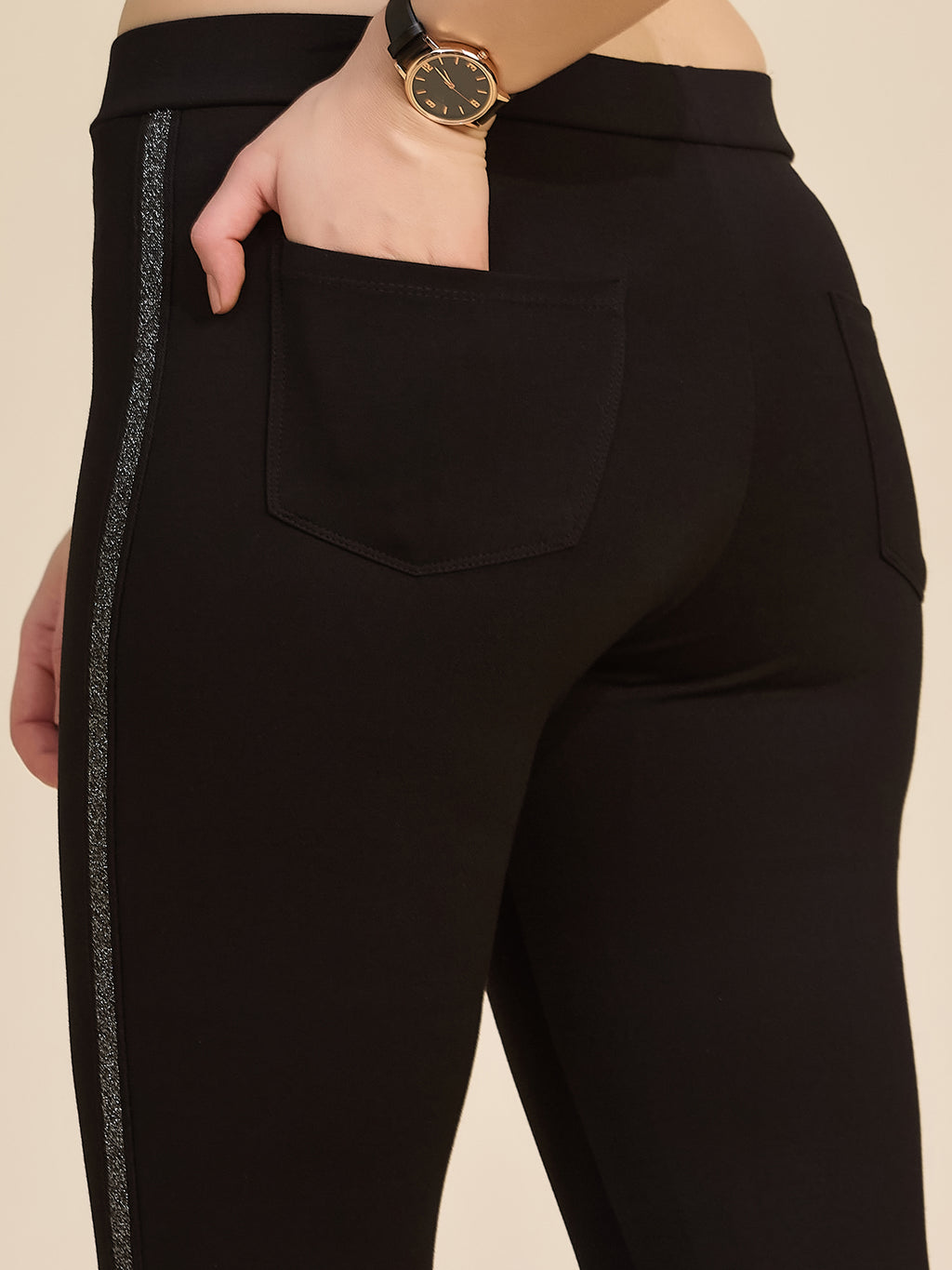 Black Women's High-Rise Glitter Side Stripe Ponte Roma Leggings