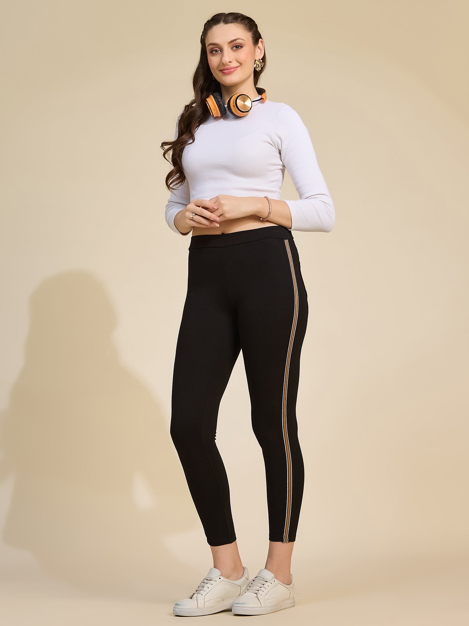 Black Women's High-Rise Contrast Side Stripe Ponte Roma Leggings