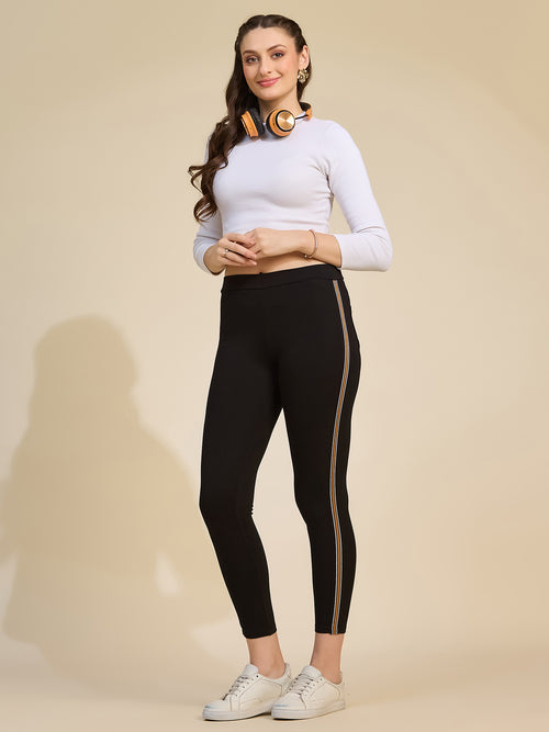 Black Women's High-Rise Contrast Side Stripe Ponte Roma Leggings