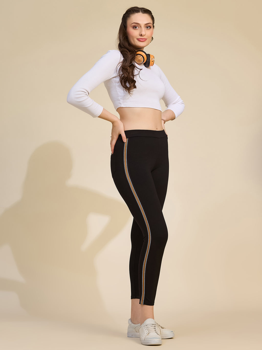 Black Women's High-Rise Contrast Side Stripe Ponte Roma Leggings