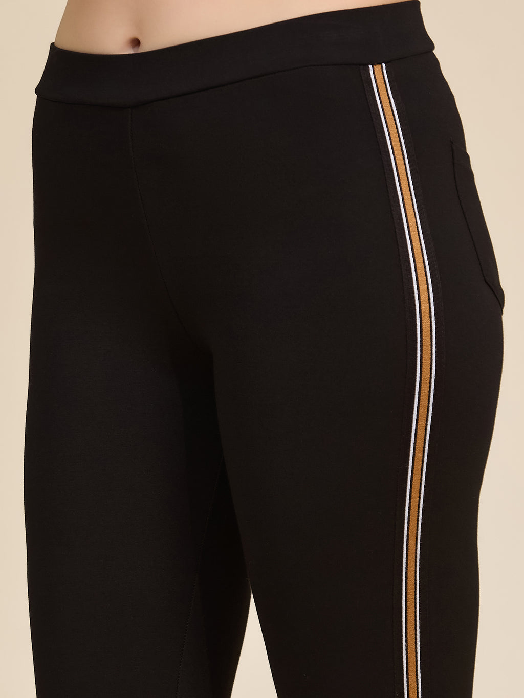 Black Women's High-Rise Contrast Side Stripe Ponte Roma Leggings