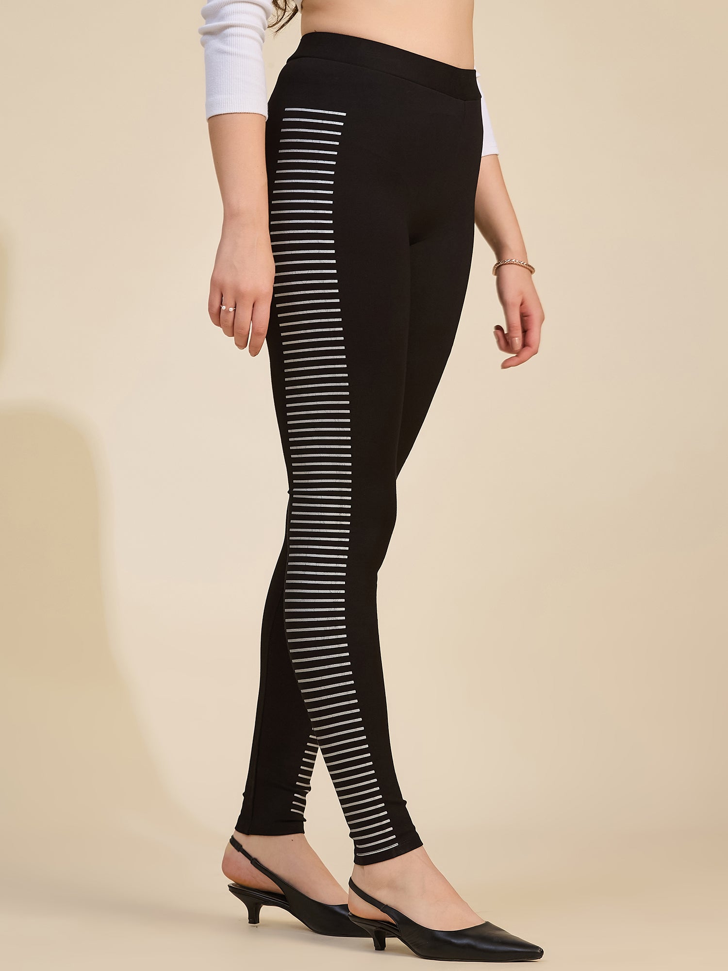Black Women's High-Rise Striped Panel Ponte Roma Leggings