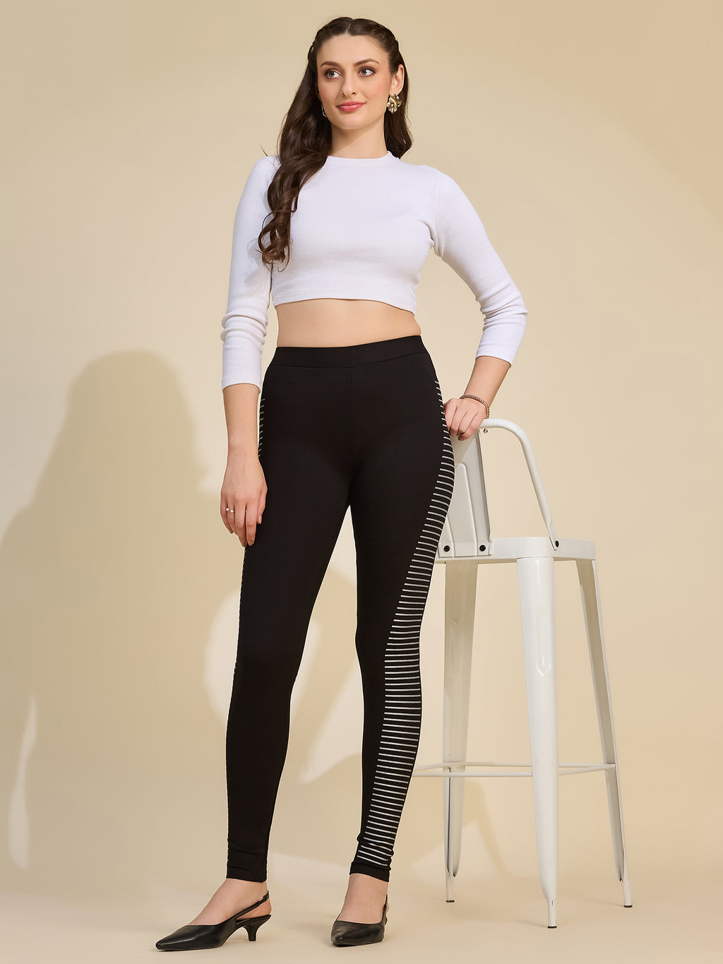 Black Women's High-Rise Striped Panel Ponte Roma Leggings