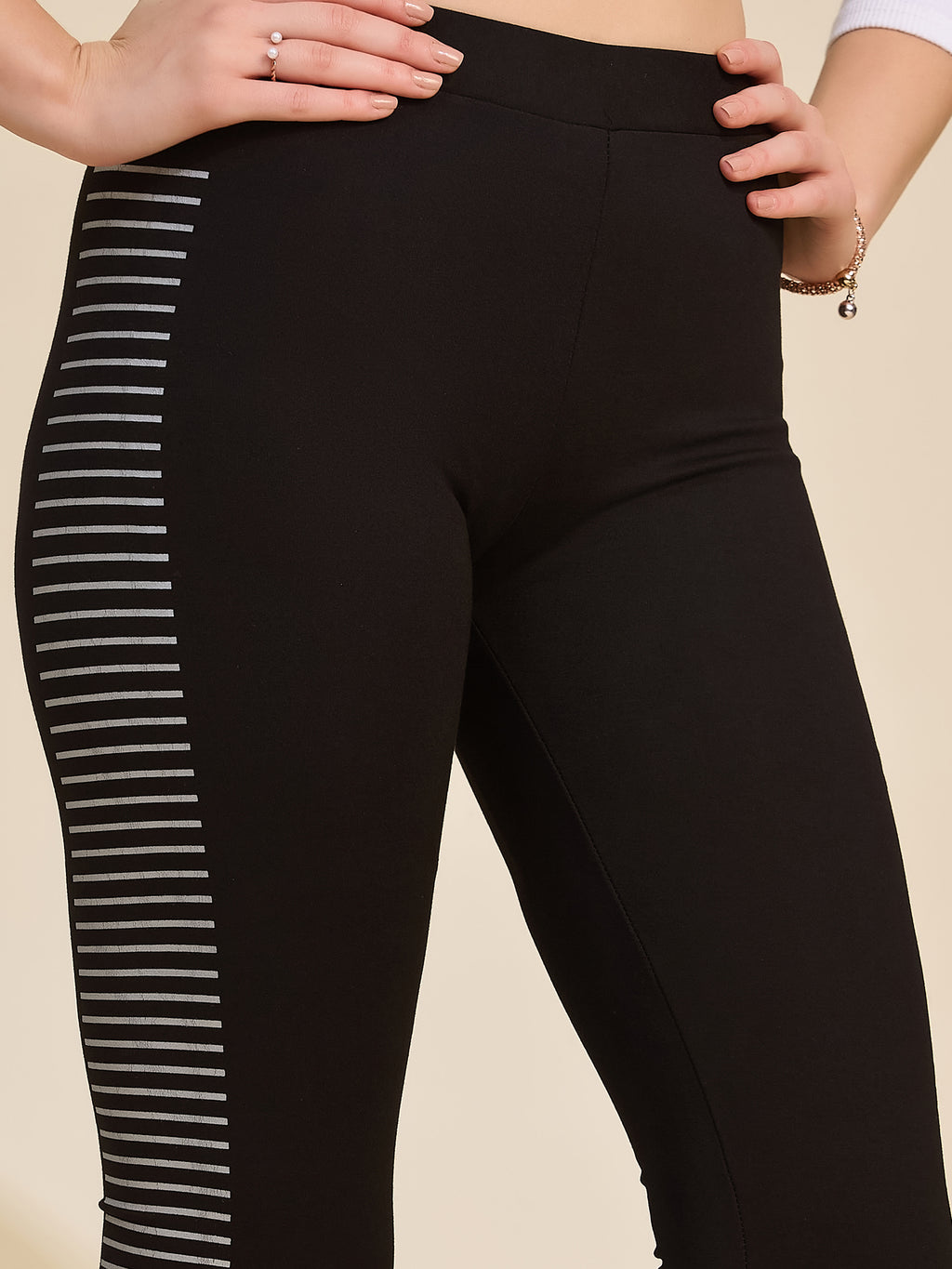 Black Women's High-Rise Striped Panel Ponte Roma Leggings