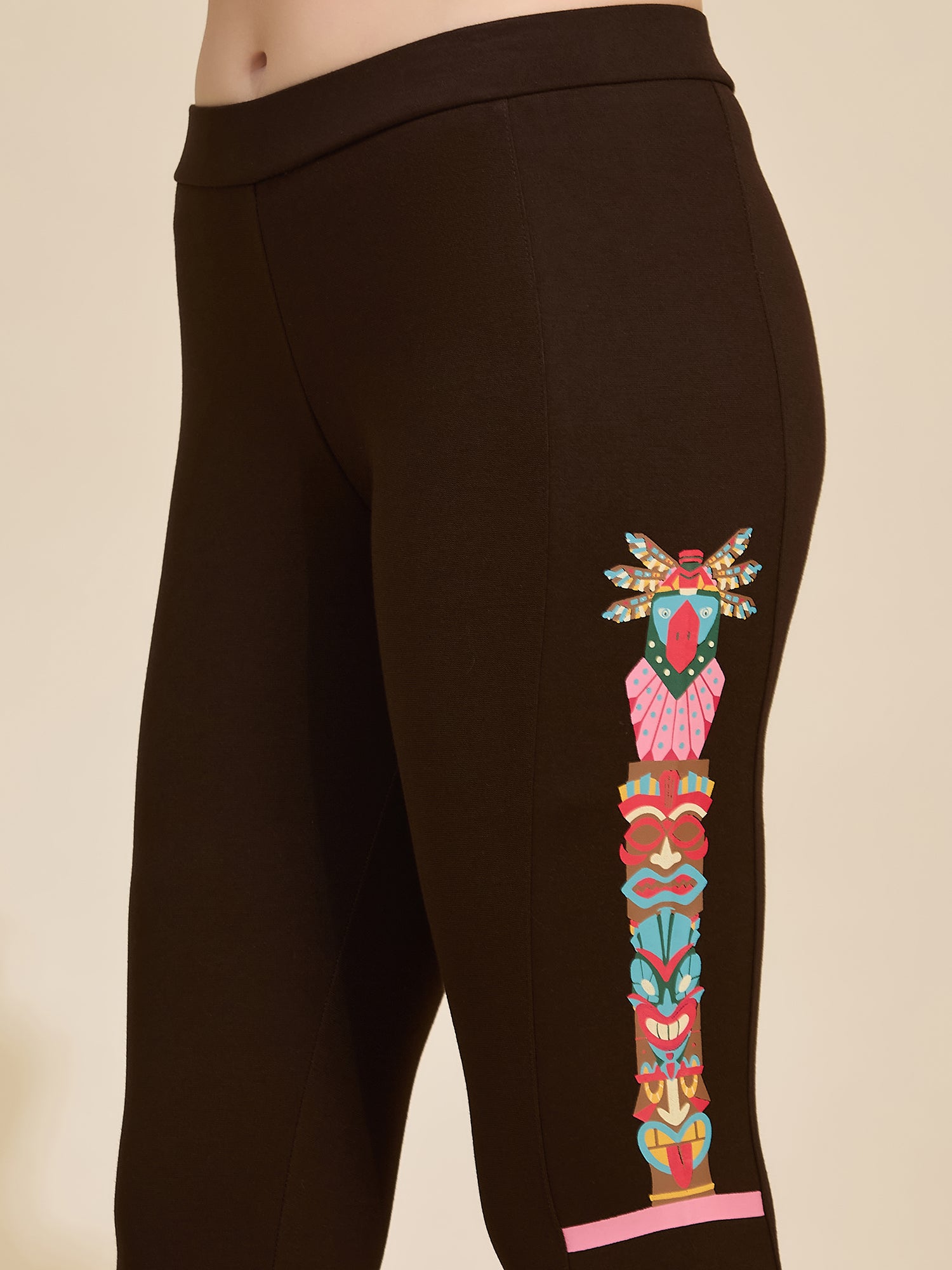 Black Women's High-Rise Embroidered Side Panel Ponte Roma Leggings