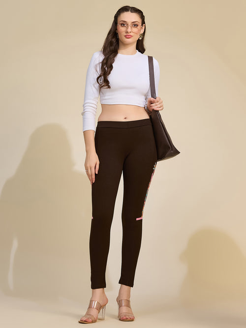 Black Women's High-Rise Embroidered Side Panel Ponte Roma Leggings