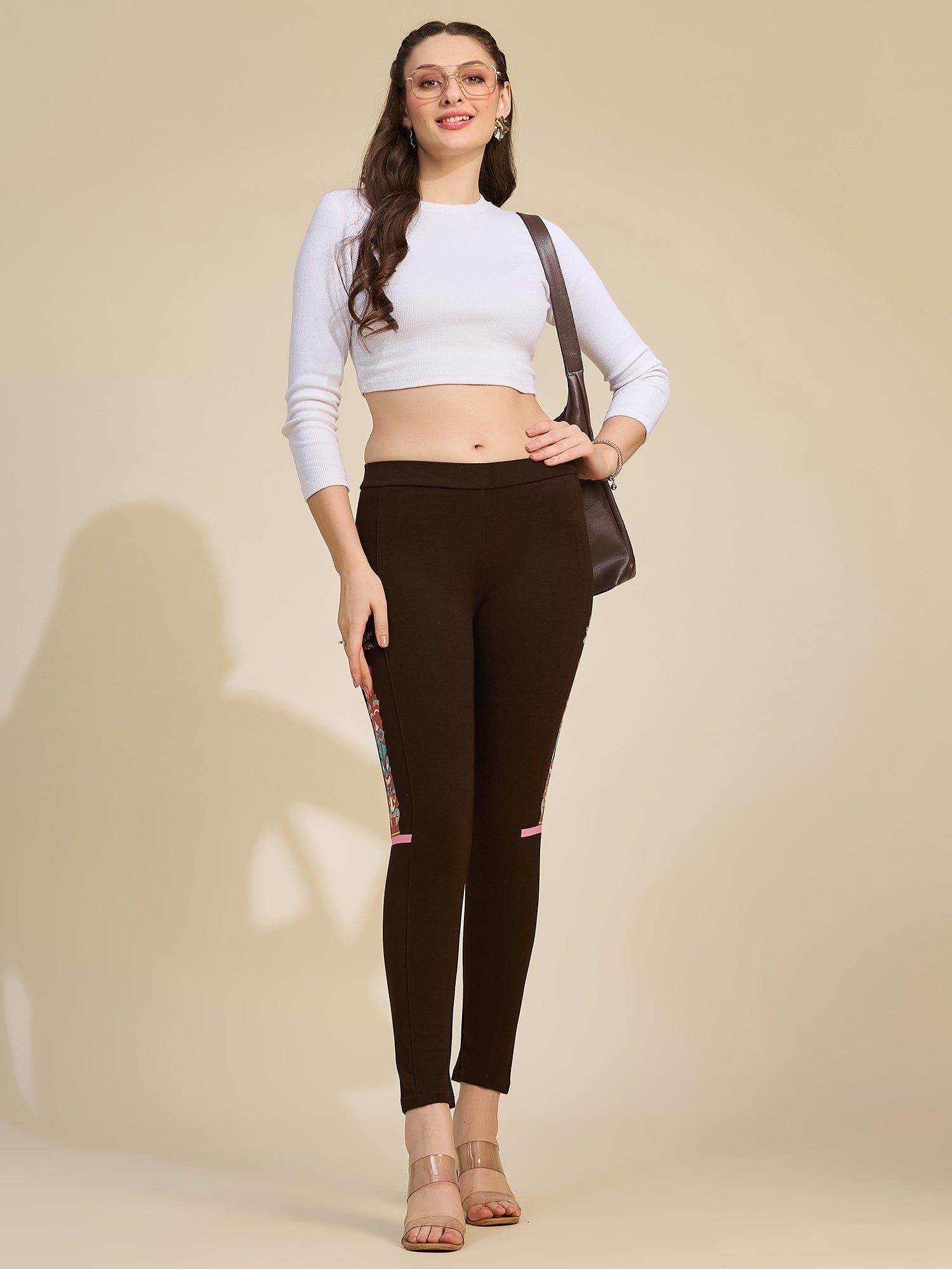 Black Women's High-Rise Embroidered Side Panel Ponte Roma Leggings
