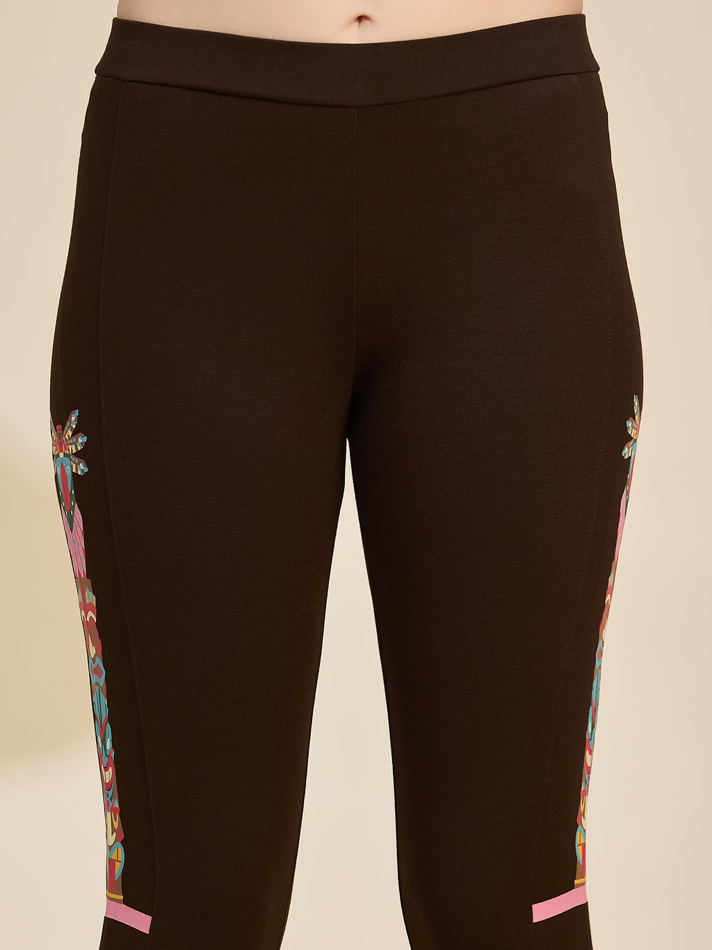 Black Women's High-Rise Embroidered Side Panel Ponte Roma Leggings