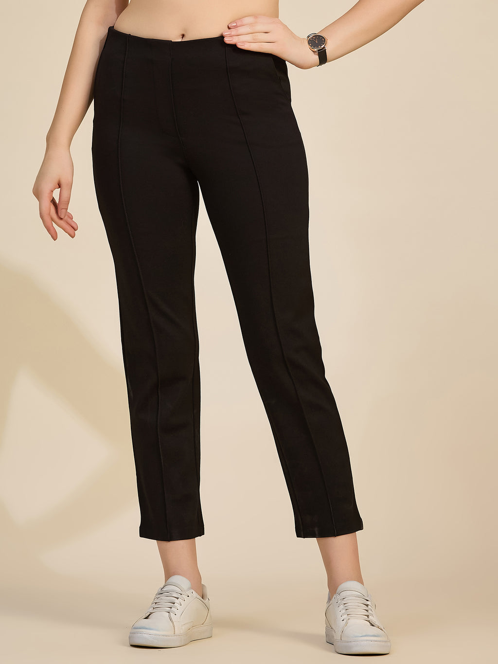 Black Women's High-Rise Ponte Roma Cropped Ankle Pants