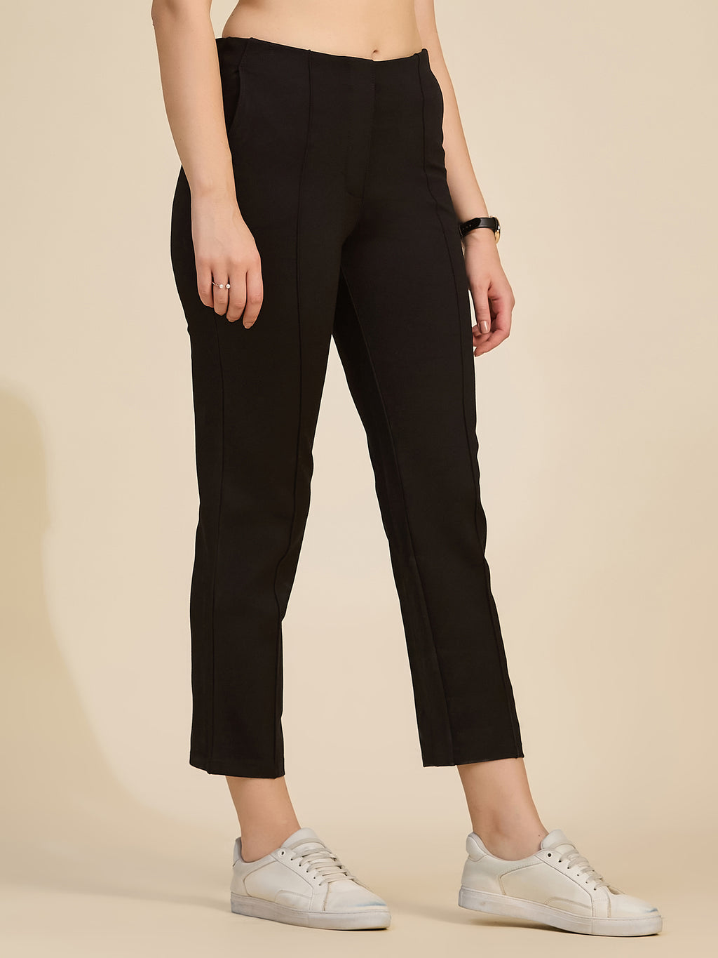 Black Women's High-Rise Ponte Roma Cropped Ankle Pants