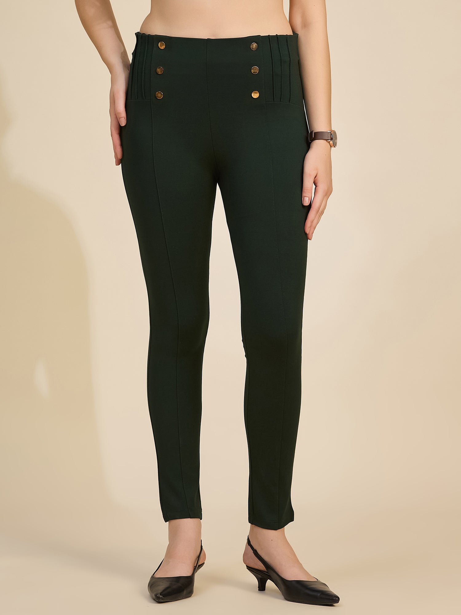 Bottle Green Women's High-Rise Button Detail Ponte Roma Pants