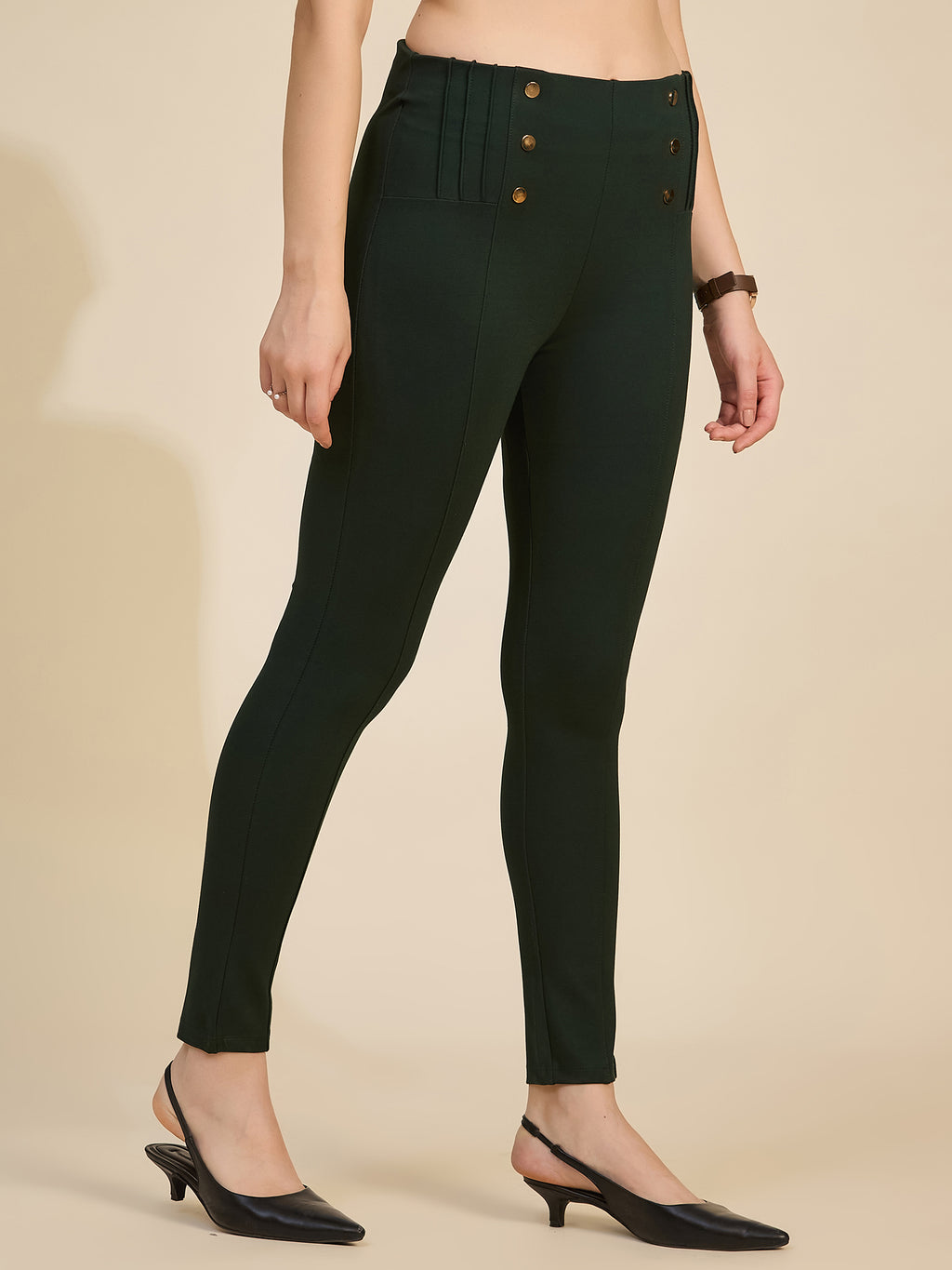 Bottle Green Women's High-Rise Button Detail Ponte Roma Pants