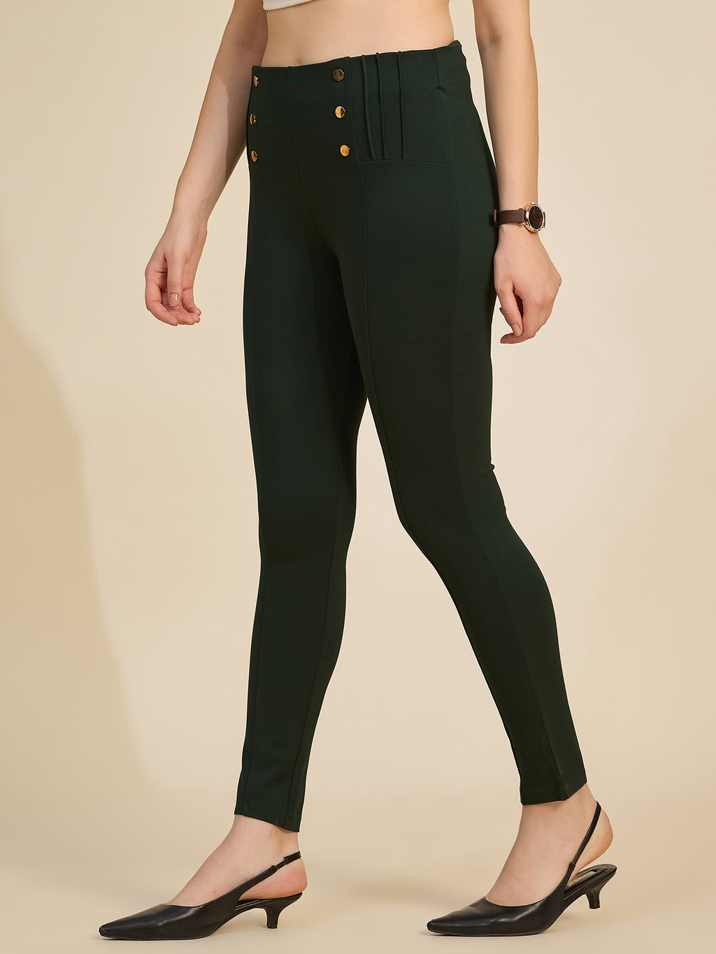 Bottle Green Women's High-Rise Button Detail Ponte Roma Pants