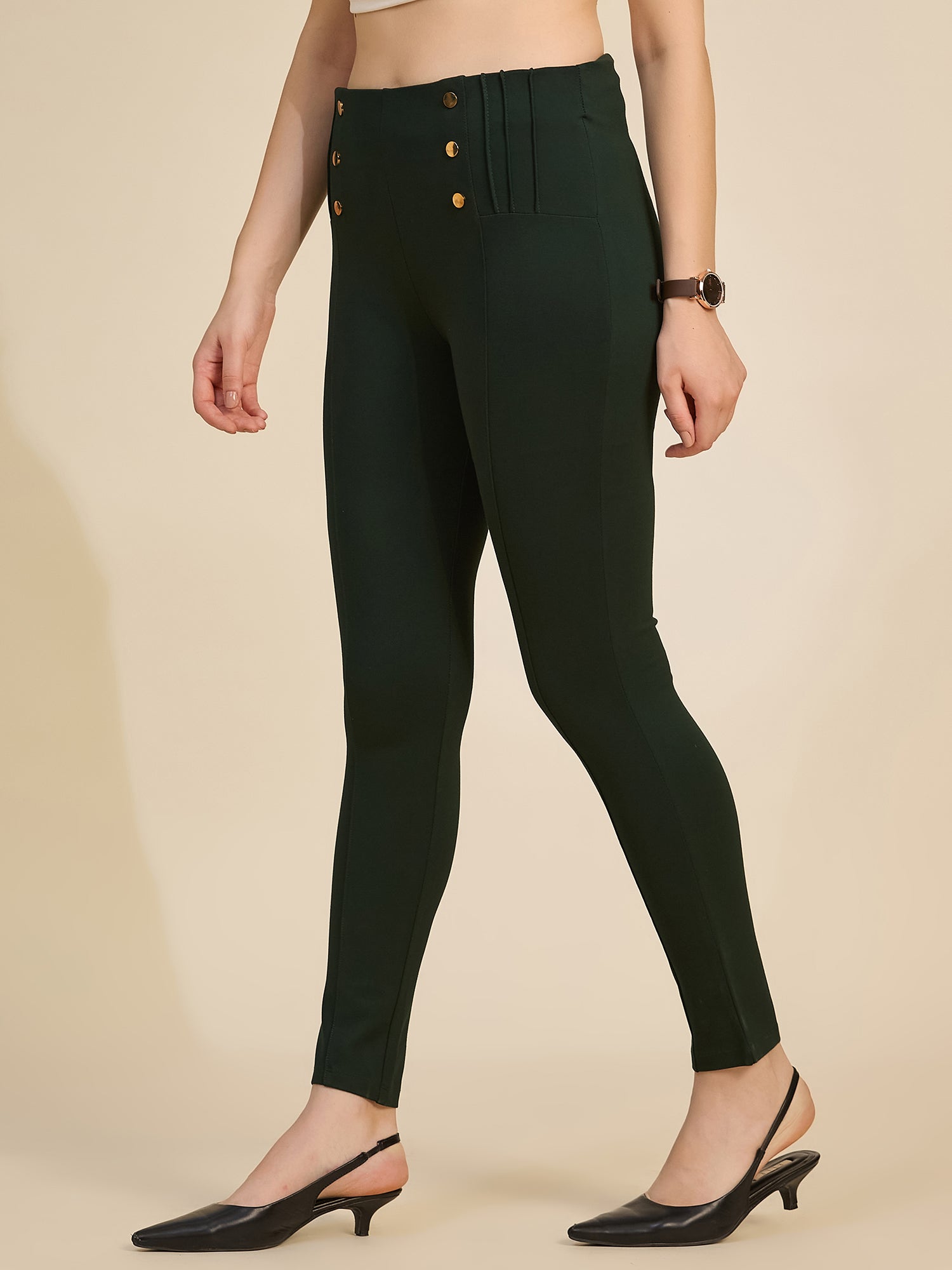 Bottle Green Women's High-Rise Button Detail Ponte Roma Pants
