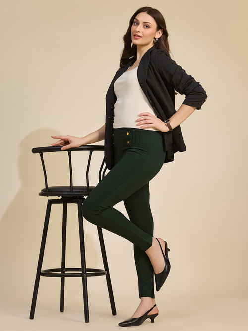 Bottle Green Women's High-Rise Button Detail Ponte Roma Pants