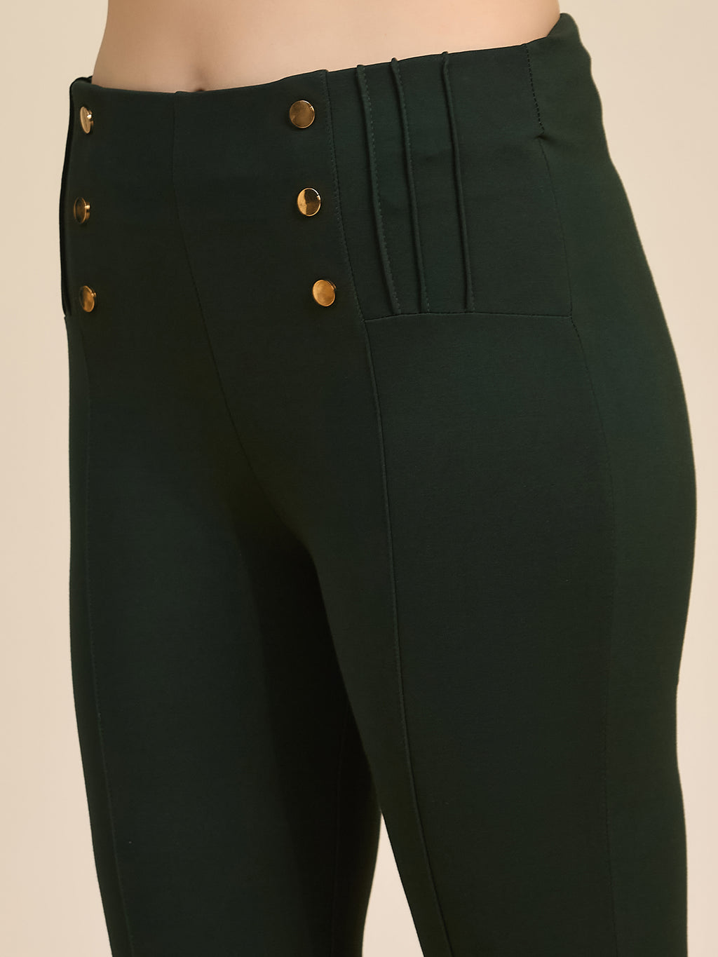 Bottle Green Women's High-Rise Button Detail Ponte Roma Pants