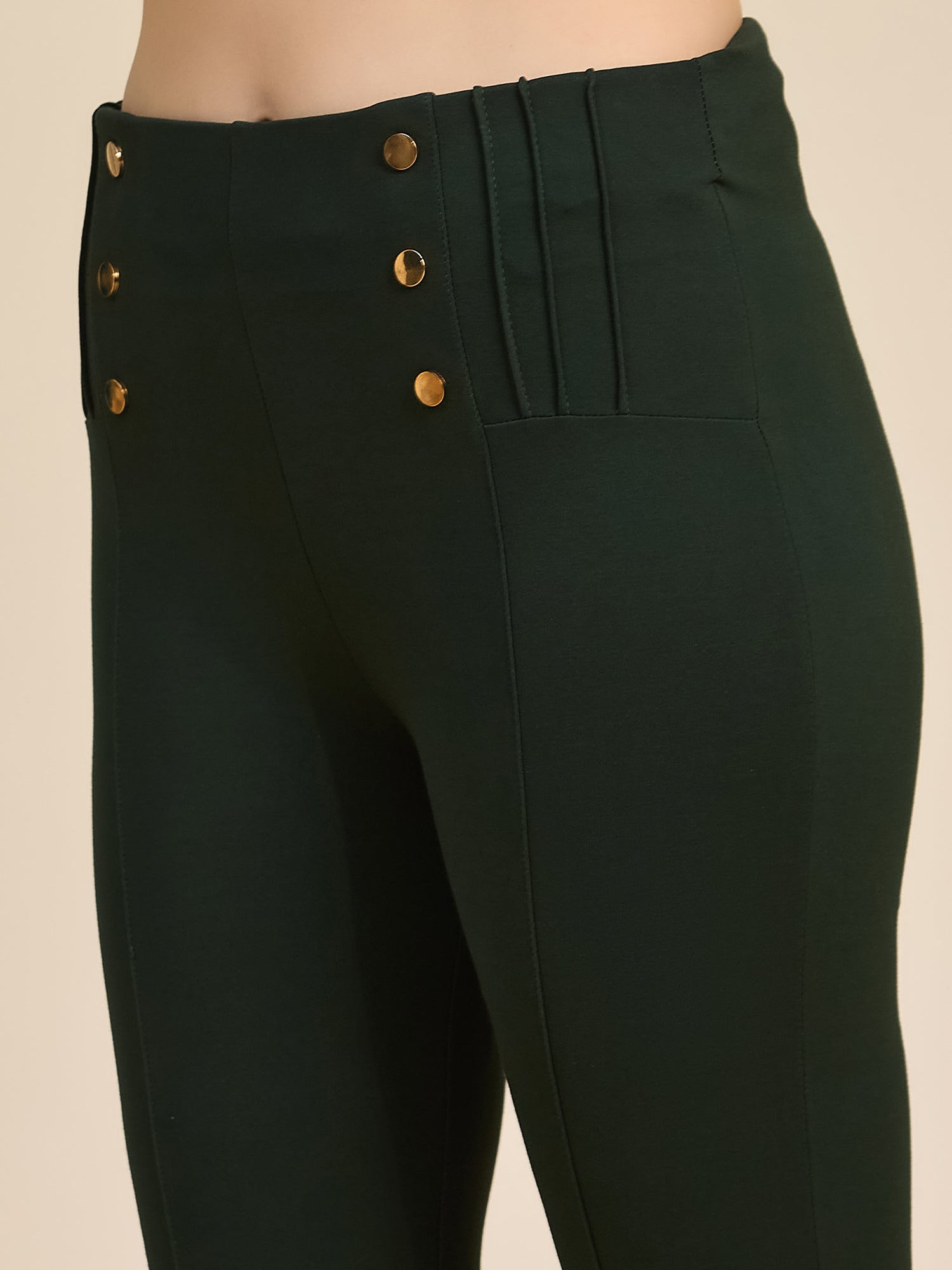 Bottle Green Women's High-Rise Button Detail Ponte Roma Pants