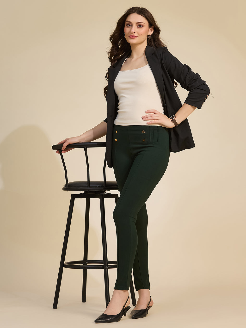 Bottle Green Women's High-Rise Button Detail Ponte Roma Pants