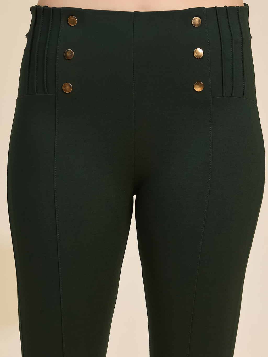 Bottle Green Women's High-Rise Button Detail Ponte Roma Pants