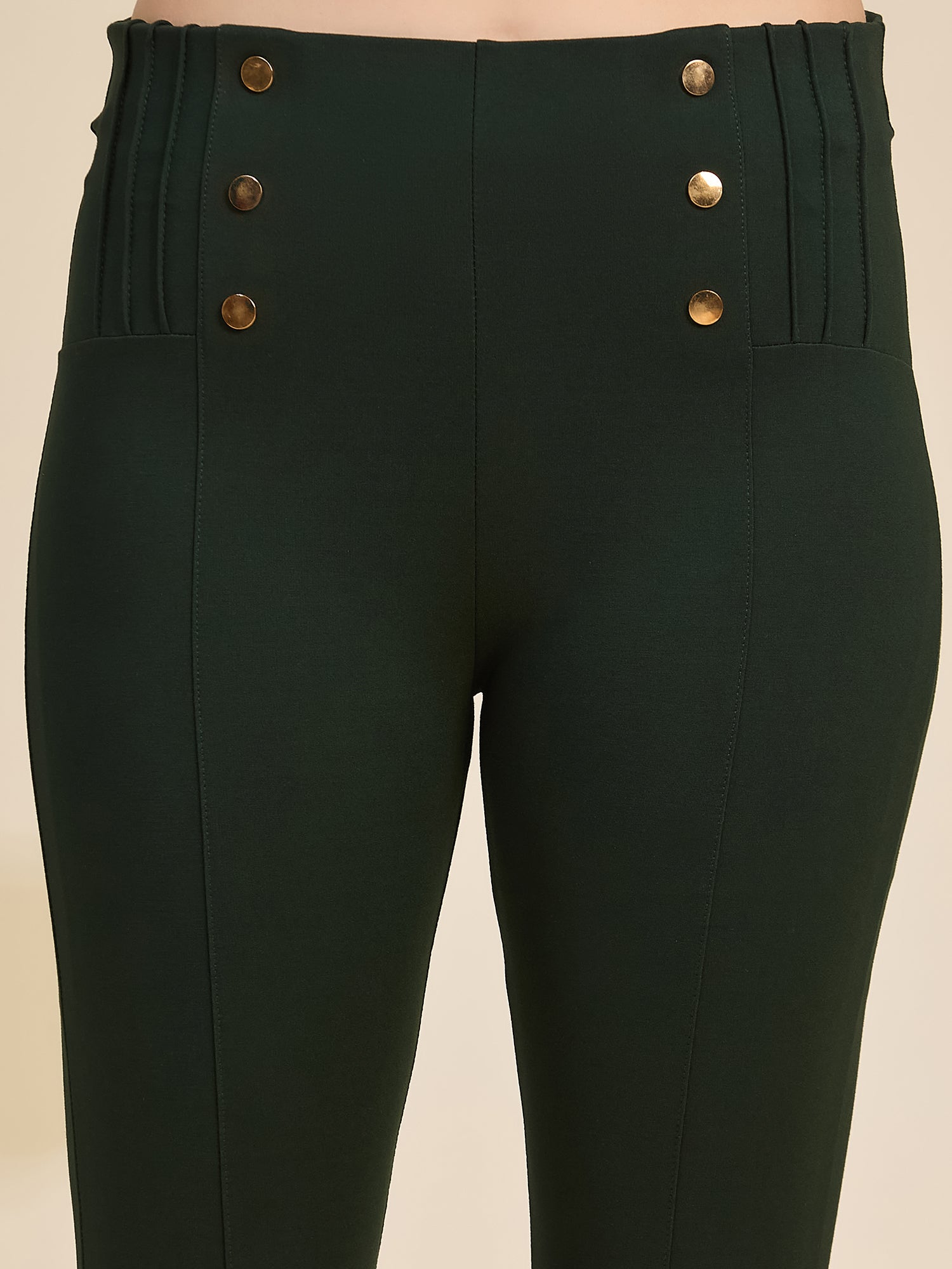 Bottle Green Women's High-Rise Button Detail Ponte Roma Pants