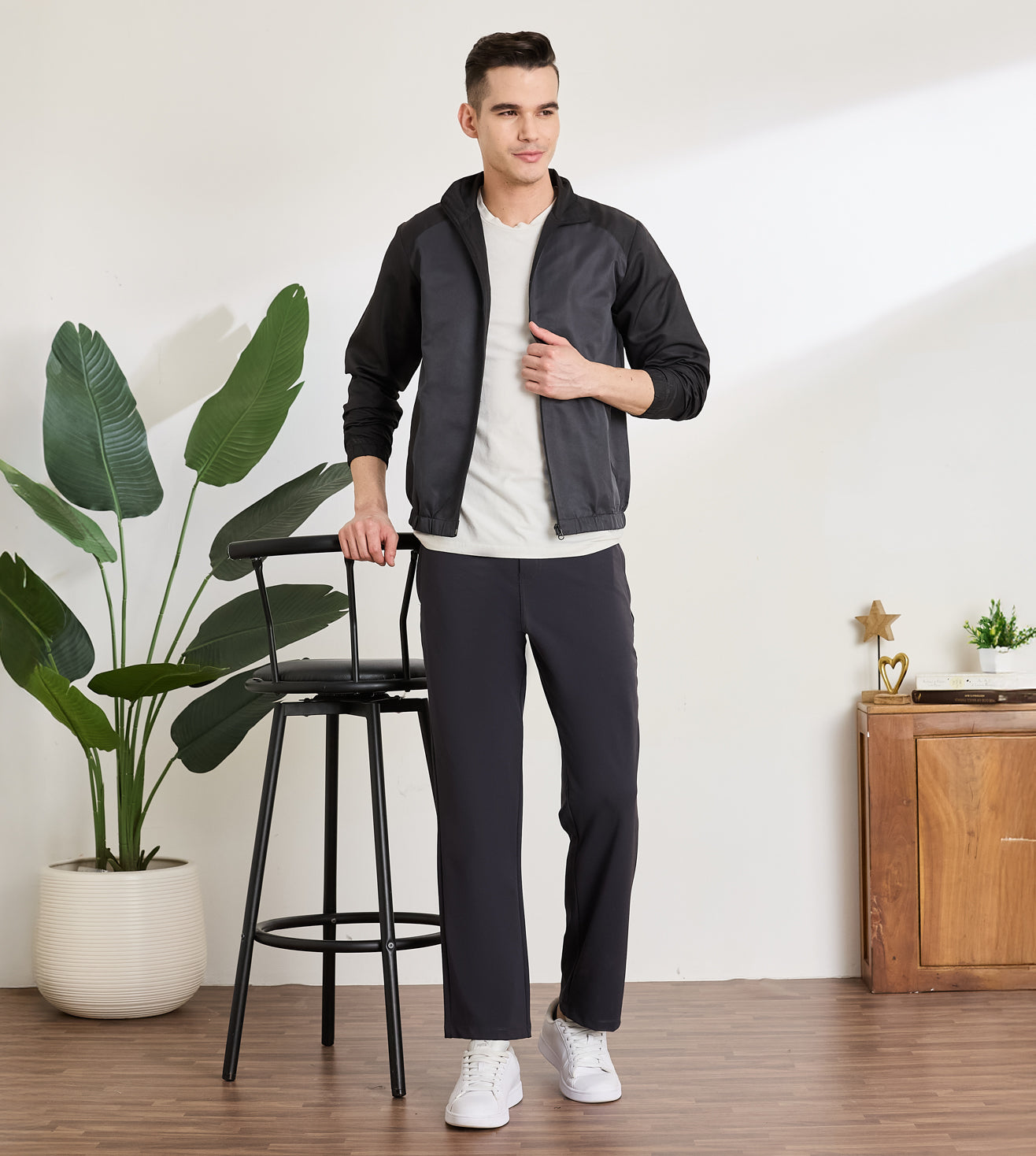 Charcoal Nylon Spandex Straight Fit Pants
