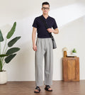 Grey Cotton Dobby  Pleated Wide-Leg Trousers