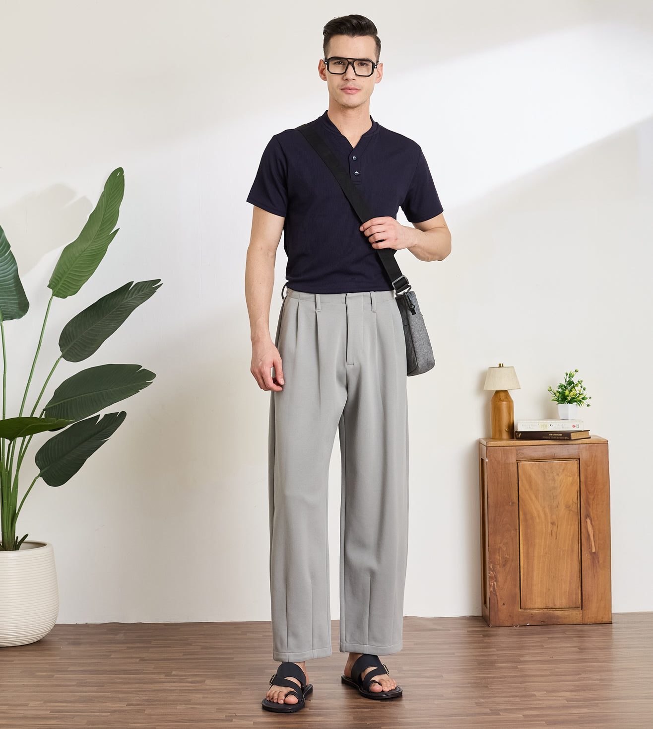 Grey Cotton Dobby  Pleated Wide-Leg Trousers
