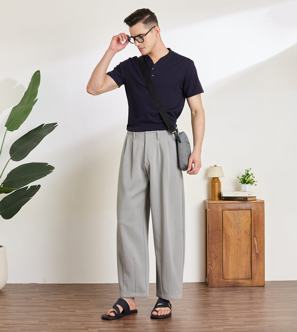 Grey Cotton Dobby  Pleated Wide-Leg Trousers