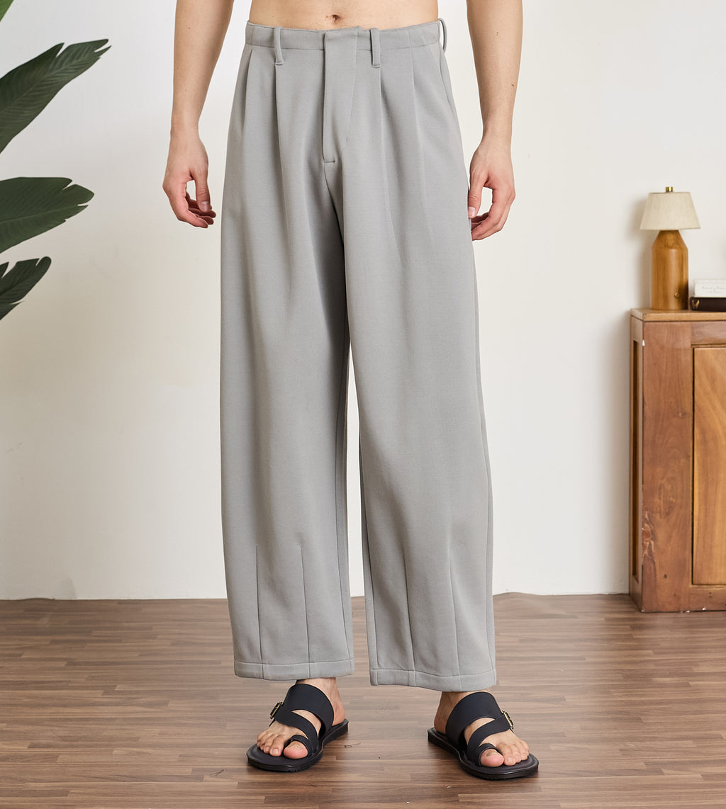 Grey Cotton Dobby  Pleated Wide-Leg Trousers