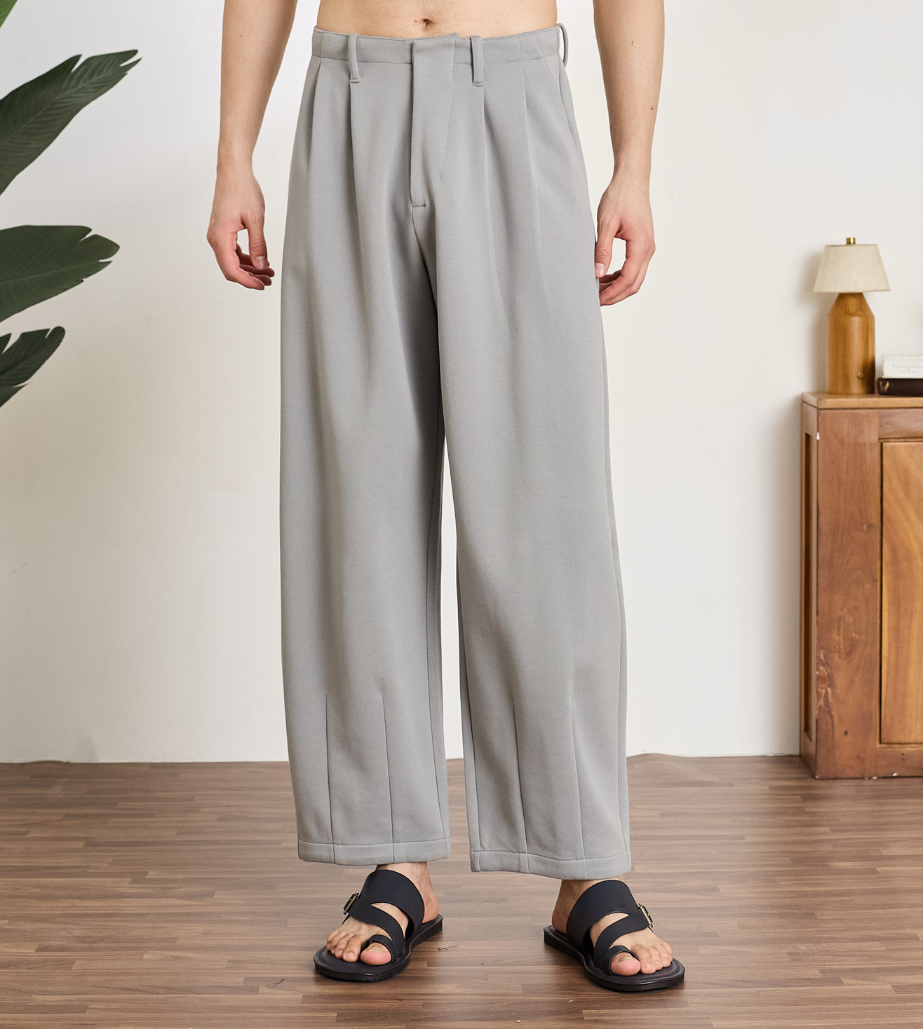 Grey Cotton Dobby  Pleated Wide-Leg Trousers
