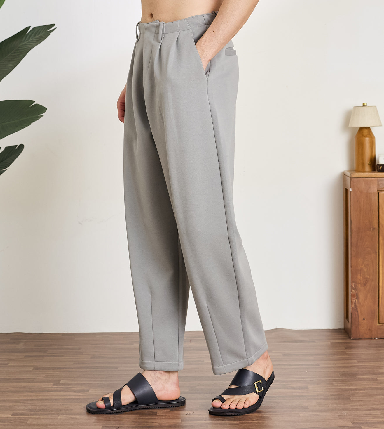 Grey Cotton Dobby  Pleated Wide-Leg Trousers