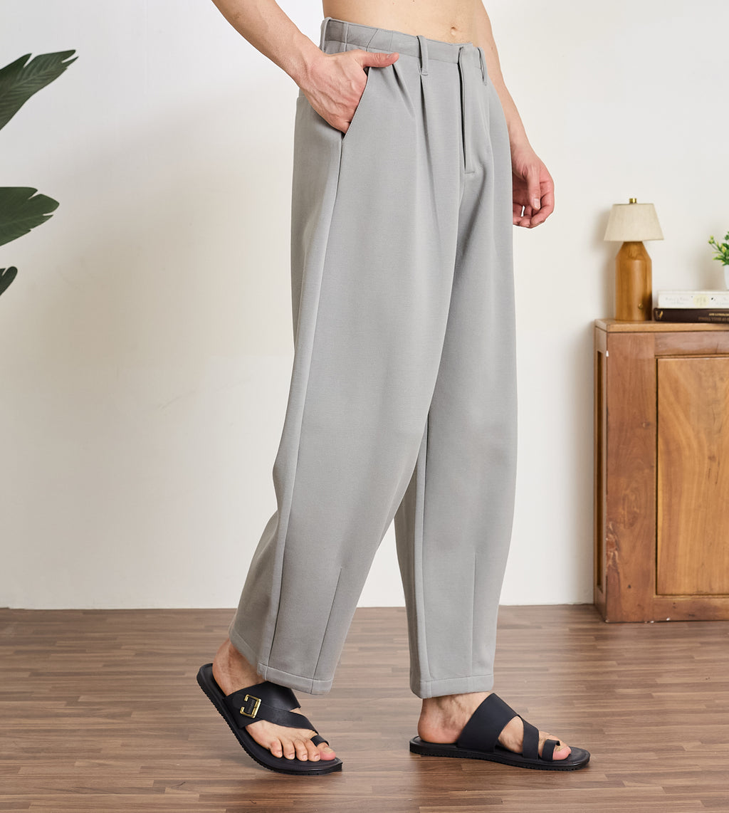 Grey Cotton Dobby  Pleated Wide-Leg Trousers