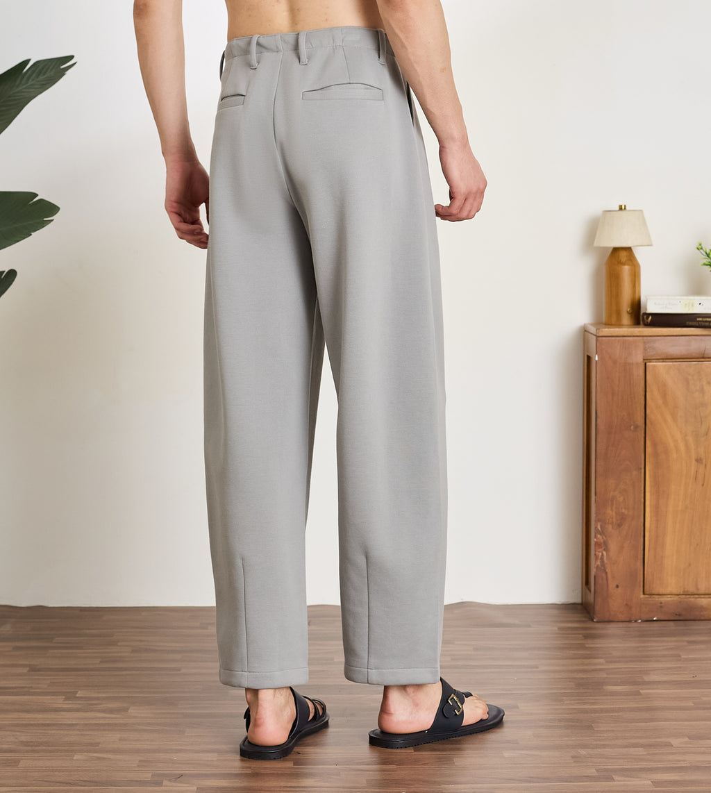 Grey Cotton Dobby  Pleated Wide-Leg Trousers