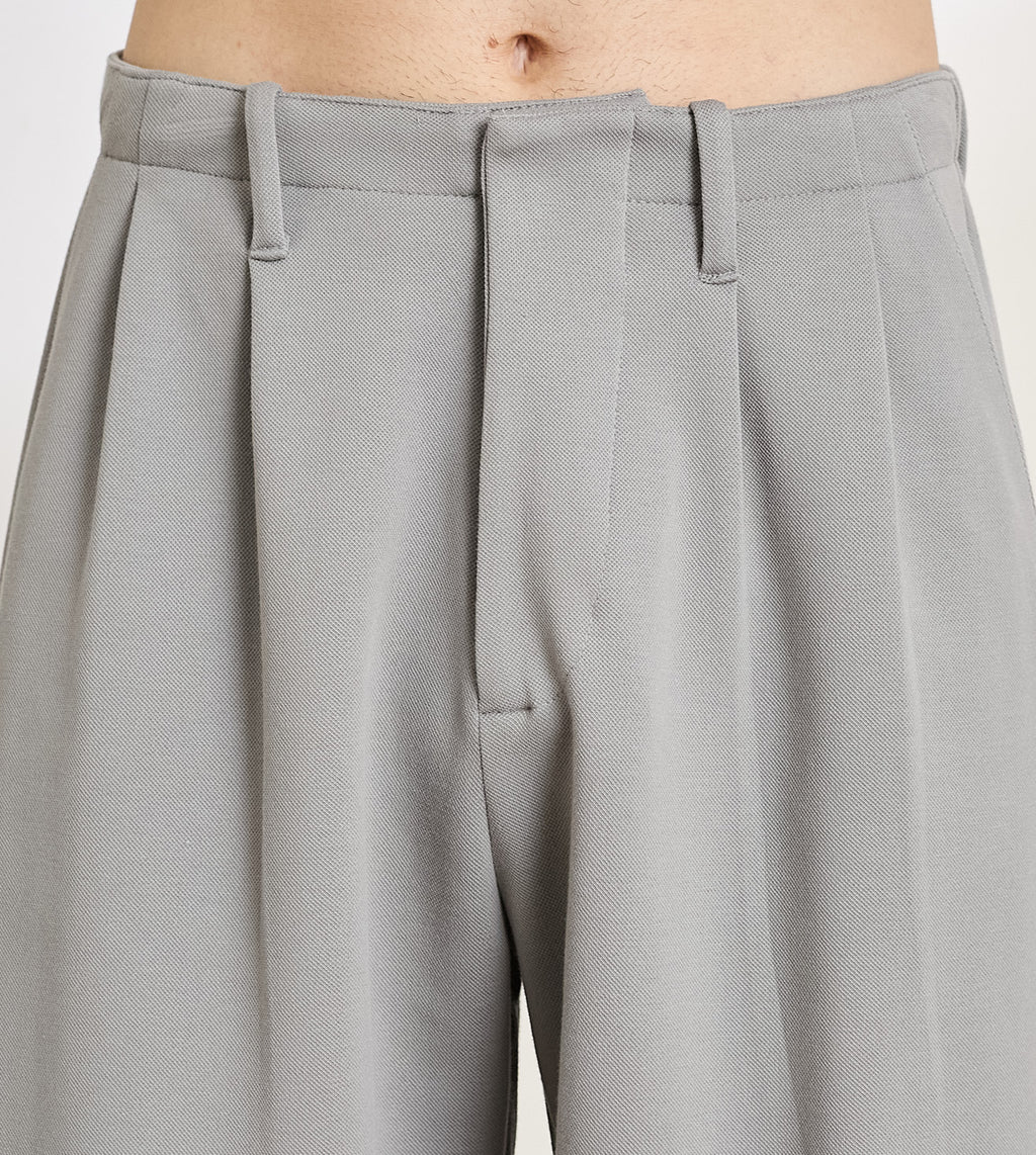 Grey Cotton Dobby  Pleated Wide-Leg Trousers