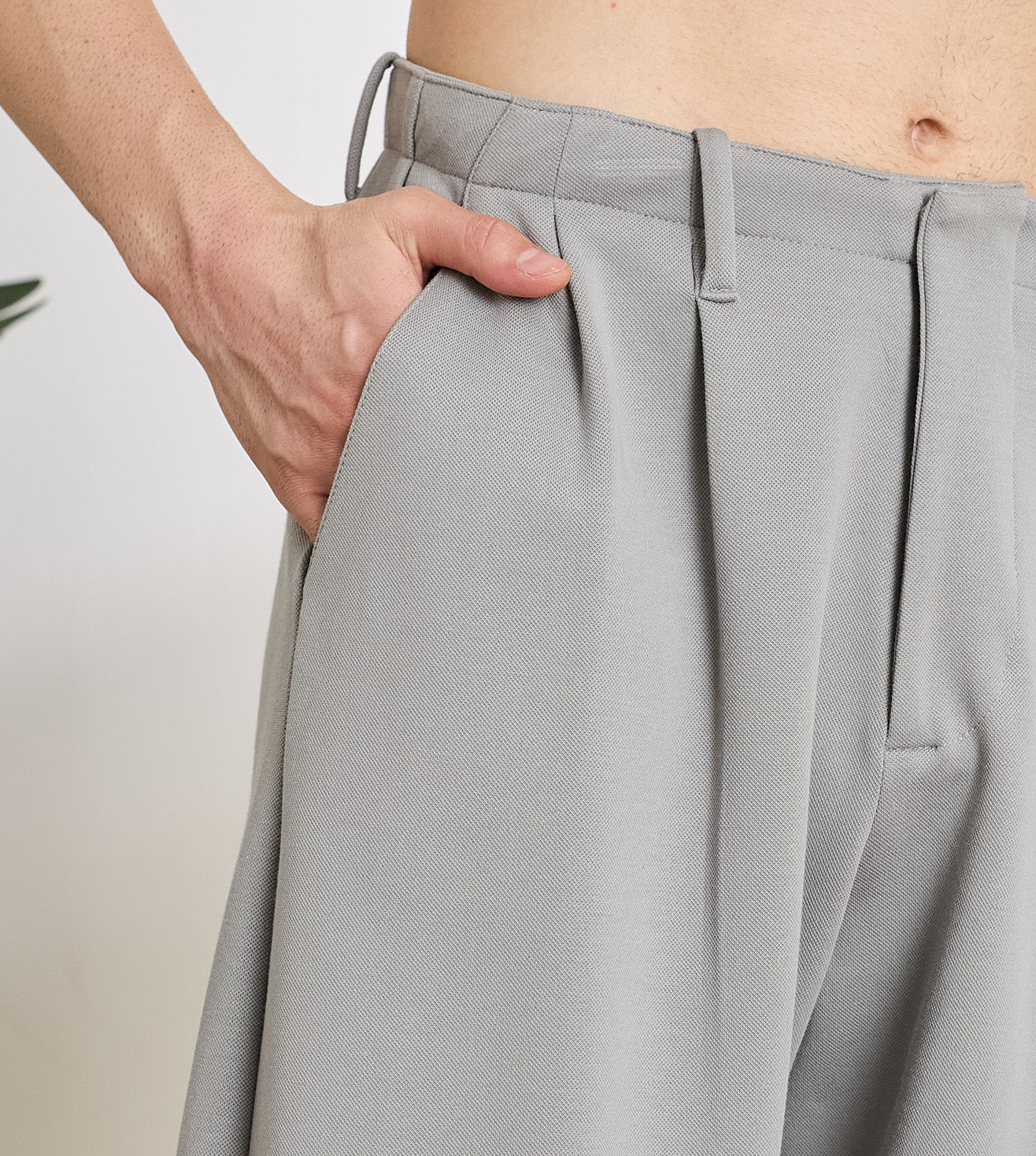Grey Cotton Dobby  Pleated Wide-Leg Trousers