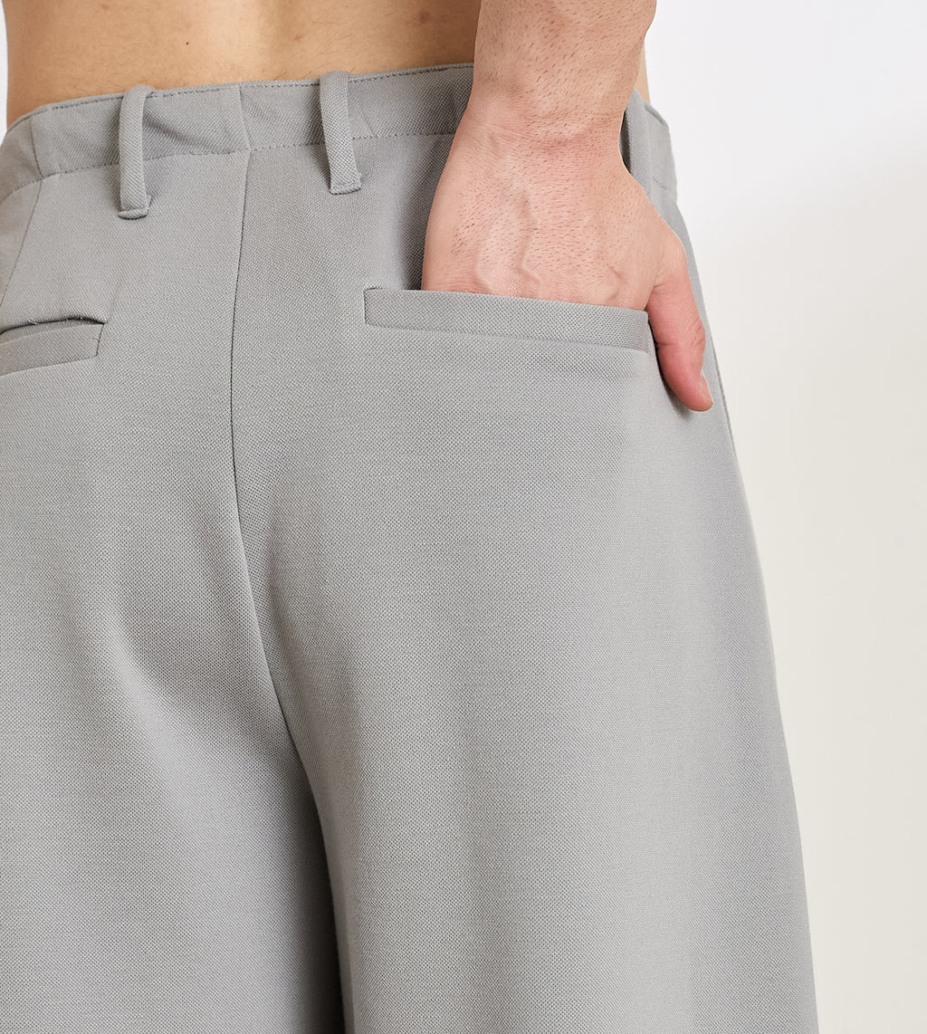 Grey Cotton Dobby  Pleated Wide-Leg Trousers