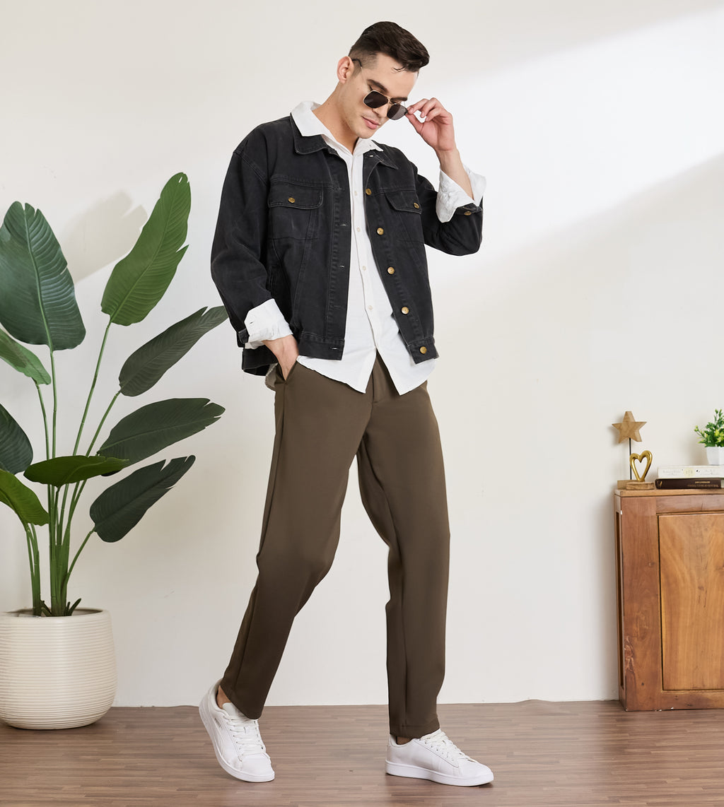 Coffee Nylon Spandex Straight Fit Trousers