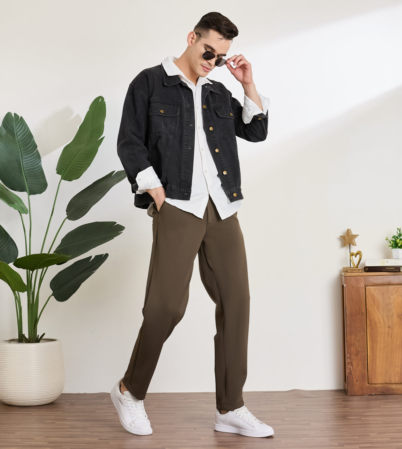 Coffee Nylon Spandex Straight Fit Trousers