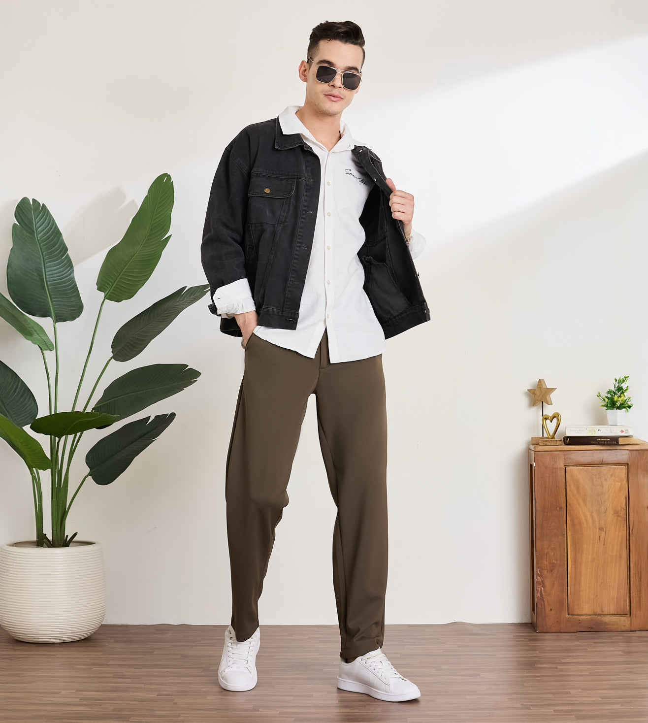 Coffee Nylon Spandex Straight Fit Trousers