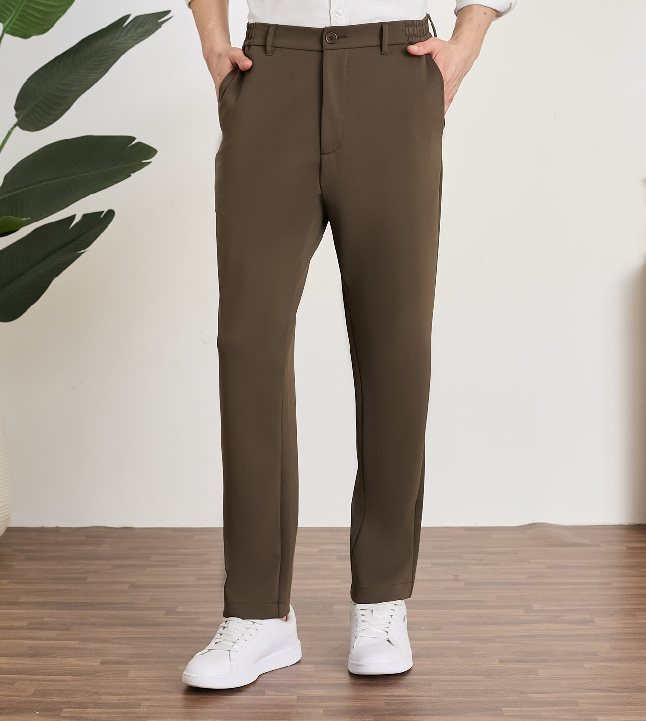 Coffee Nylon Spandex Straight Fit Trousers