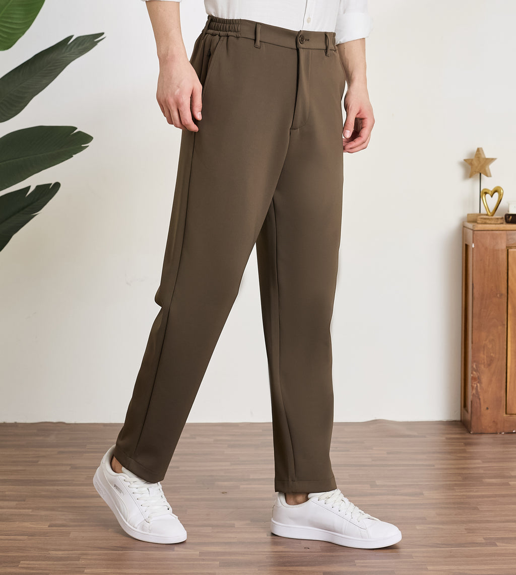 Coffee Nylon Spandex Straight Fit Trousers