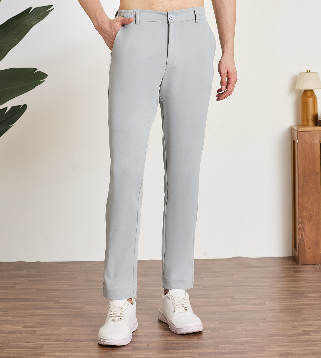 Grey Spandex Slim Fit Trousers