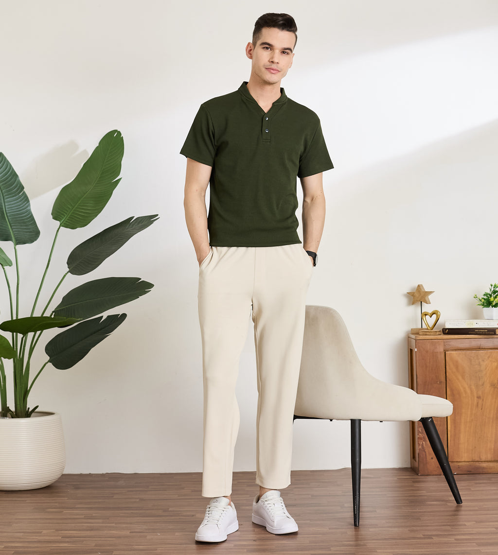 Beige Spandex Comfort Drawstring Trousers