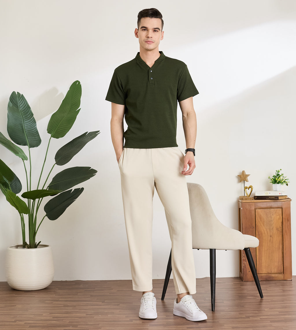 Beige Spandex Comfort Drawstring Trousers