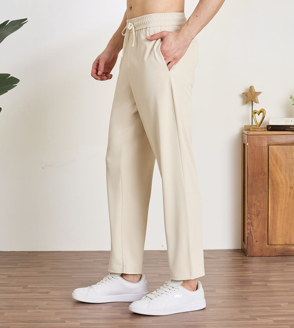 Beige Spandex Comfort Drawstring Trousers