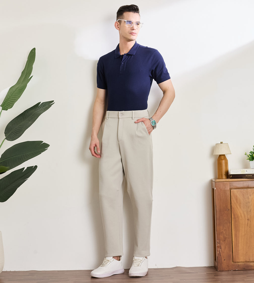 Stone Cotton Dobby Tapered Trousers