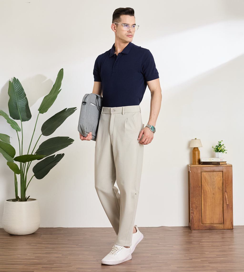Stone Cotton Dobby Tapered Trousers