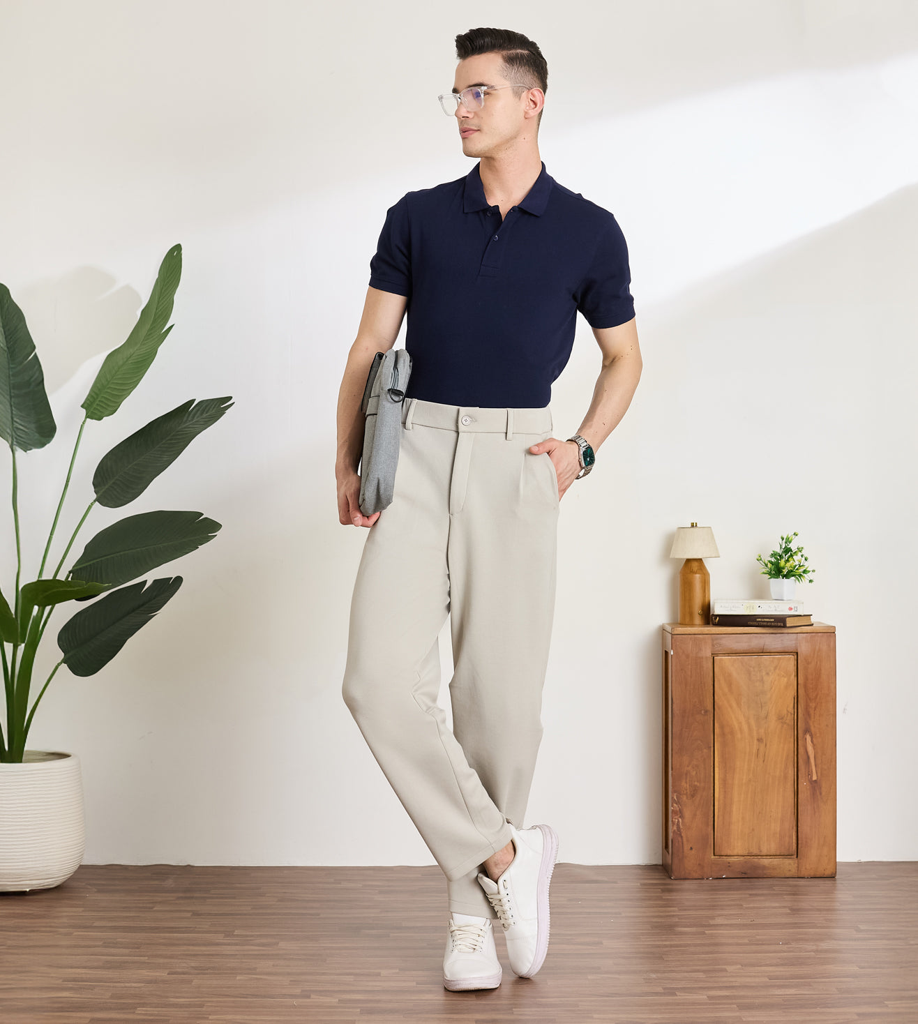 Stone Cotton Dobby Tapered Trousers