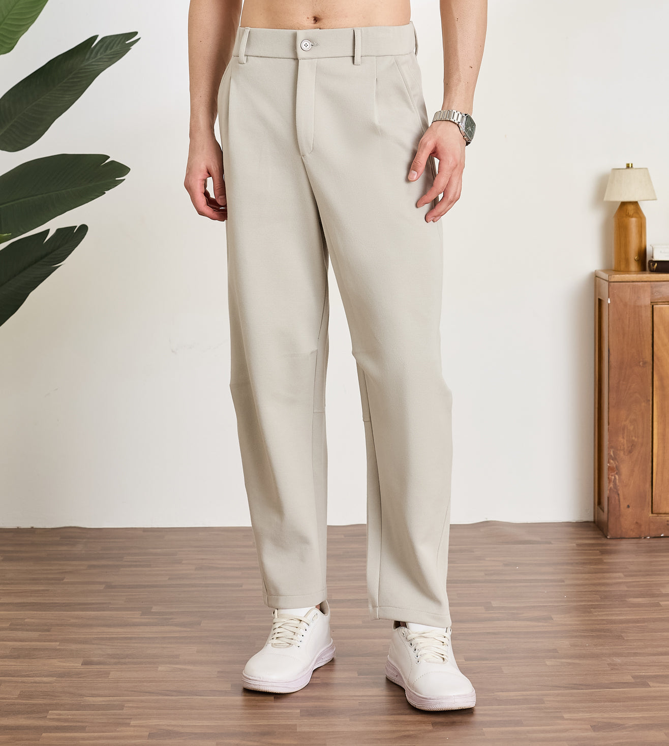 Stone Cotton Dobby Tapered Trousers